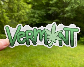Vermont Cannabis Vinyl Sticker: VT Green Mountain State Stoner Gift, Hand-Drawn Design, Dishwasher Safe, Weatherproof, and Waterproof