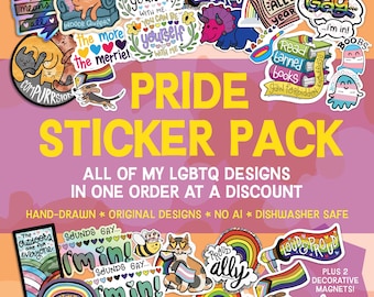 LGBTQ Pride Sticker 26 Pack: Queer Ally Gifts, Gay Sticker Bundle, Hand-Drawn Designs, Dishwasher Safe, Weatherproof, and Waterproof,