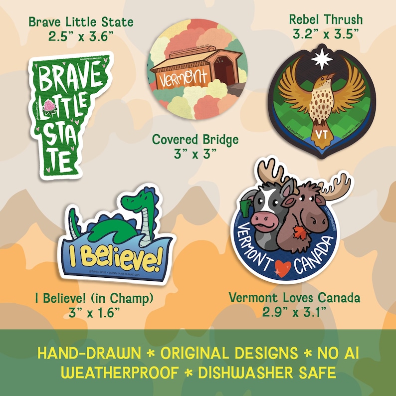 Vermont Sticker Pack: VT State Gifts, Hand-Drawn Designs, Dishwasher Safe, Weatherproof, and Waterproof image 2