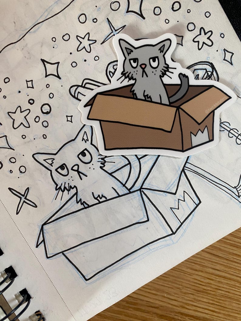 K&ouml;nnte beinhalten: Zwei Comic-Katzen mit m&uuml;rrischen Gesichtsausdr&uuml;cken sind in Kisten gezeichnet. Die obere Katze ist grau und die untere Katze ist wei&szlig;. Beide Katzen schauen nach links. Die Kisten sind braun mit einer wei&szlig;en Krone an der Seite.
