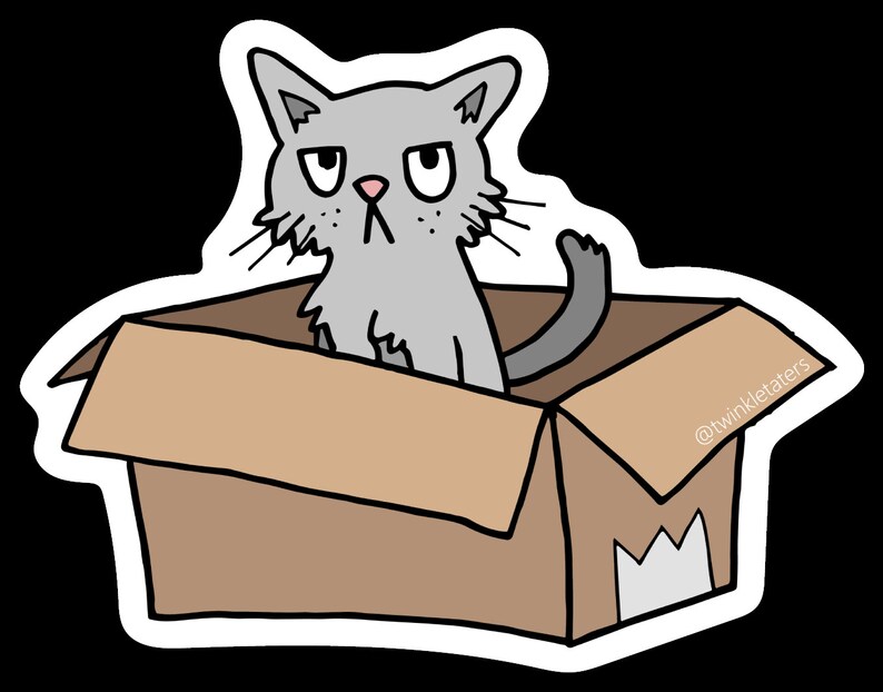 K&ouml;nnte beinhalten: Eine graue Katze mit gelangweiltem Gesichtsausdruck sitzt in einem braunen Karton. Der Schwanz der Katze ragt aus der Schachtel. Die Schachtel hat einen wei&szlig;en Aufkleber an der Seite mit dem Text "@twinkletaters".
