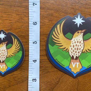 Puede incluir: Dos pegatinas con un dise&ntilde;o de p&aacute;jaro con las alas extendidas, una estrella y las letras "VT". Las pegatinas est&aacute;n sobre una superficie de madera, con una regla que muestra que la pegatina m&aacute;s grande mide aproximadamente 10 cm de alto.