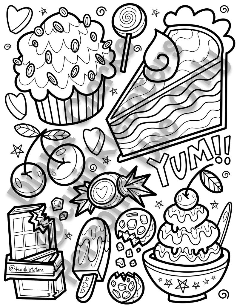 May include: A black and white coloring page featuring a variety of sweet treats, including a cupcake, a slice of cake, a lollipop, cherries, chocolate, ice cream, and cookies. The page also includes the word "YUM!" and several stars.