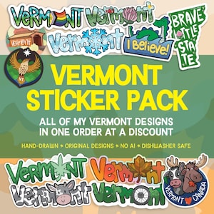 Vermont Sticker Pack: VT State Gifts, Hand-Drawn Designs, Dishwasher Safe, Weatherproof, and Waterproof Pack w/o BTV Sticker