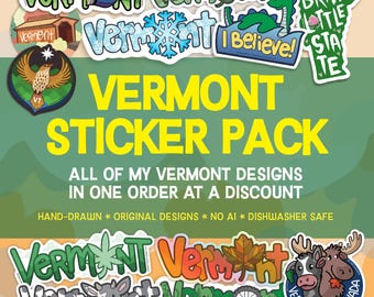 Vermont Sticker Pack: VT State Gifts, Hand-Drawn Designs, Dishwasher Safe, Weatherproof, and Waterproof