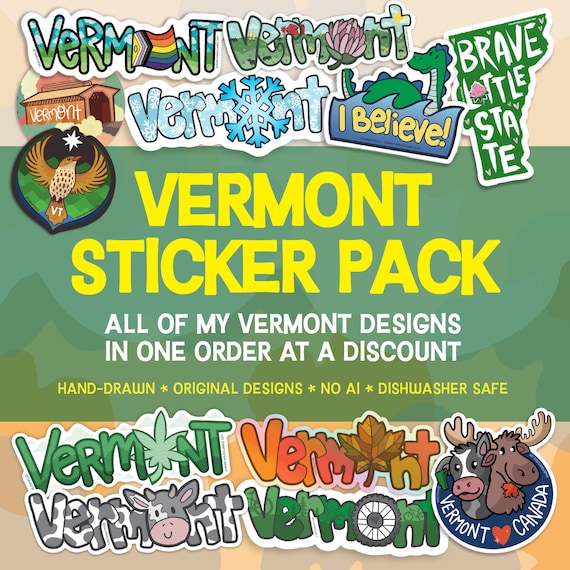 Vermont Sticker Pack: VT State Gifts, Hand-Drawn Designs, Dishwasher Safe, Weatherproof, and Waterproof
