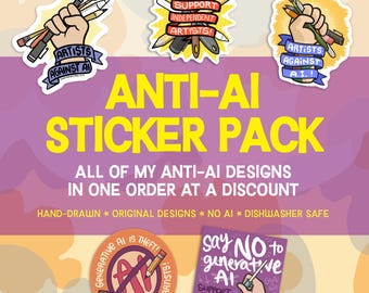 Anti-AI Vinyl Sticker Pack: Resist Generative AI, Support Human Artists, Hand-Drawn Stickers, Dishwasher Safe, Weatherproof, and Waterproof