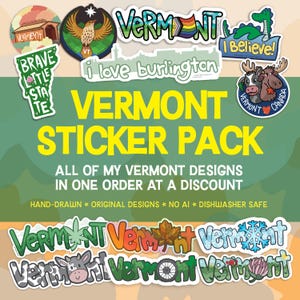 Vermont Sticker Pack: VT State Gifts, Hand-Drawn Designs, Dishwasher Safe, Weatherproof, and Waterproof Pack w/BTV Sticker