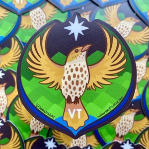 Puede incluir: Una pegatina con un p&aacute;jaro estilizado con las alas extendidas, en tonos amarillos, marrones y blancos, sobre un fondo verde y azul. La pegatina tiene un borde azul oscuro y una estrella blanca en la parte superior. Las letras "VT" est&aacute;n en la parte inferior.