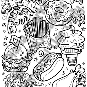 May include: Black and white line art illustration of various food items, including a burger, fries, popcorn, a hot dog, ice cream cone, donut, pretzel, and a chicken leg. The illustration includes the word "YUM" and the text "Popcorn".