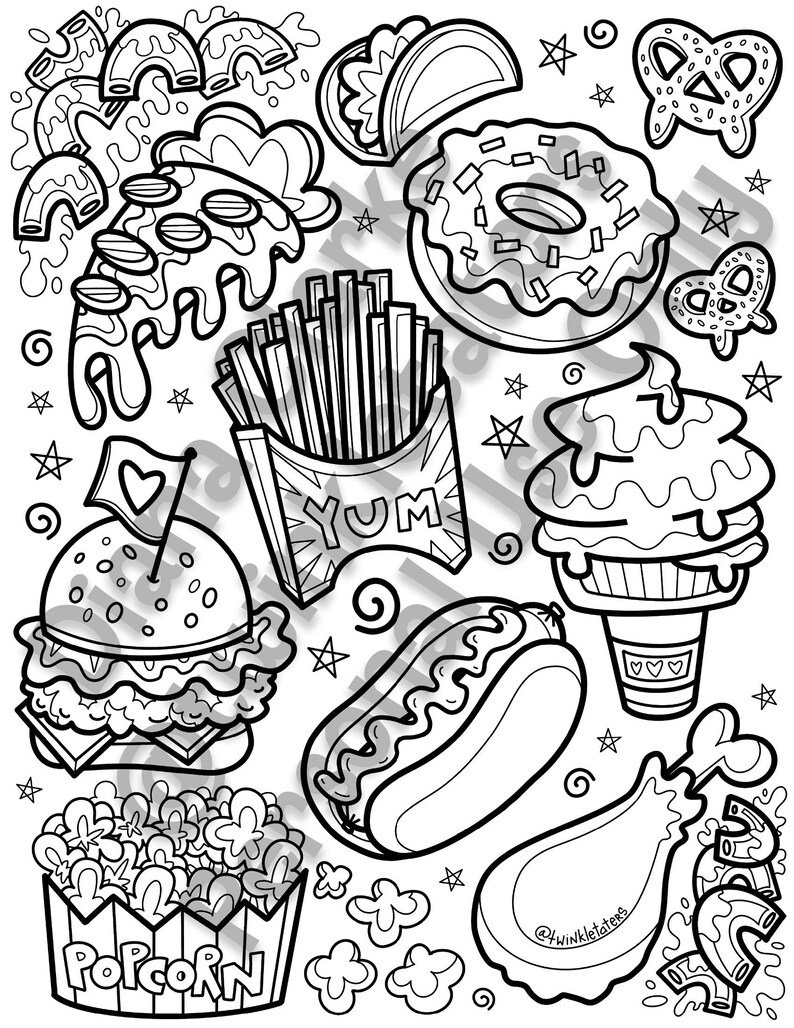May include: Black and white line art illustration of various food items, including a burger, fries, popcorn, a hot dog, ice cream cone, donut, pretzel, and a chicken leg. The illustration includes the word "YUM" and the text "Popcorn".