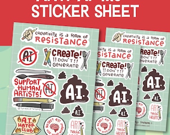 Anti-AI Sticker Sheet: Resist Generative AI, Support Human Artists, Hand-Drawn Stickers, Dishwasher Safe, Weatherproof, and Waterproof