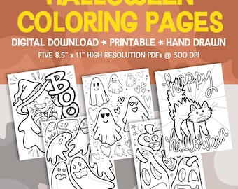 May include: Halloween coloring pages digital download. Five 8.5" x 11" high-resolution PDFs with hand-drawn illustrations. Includes images of ghosts, a cat, and pumpkins. The text includes "BOO" and "Happy Halloween".
