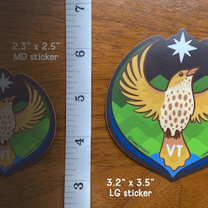 Puede incluir: Dos pegatinas con un dise&ntilde;o de p&aacute;jaro con alas extendidas, una estrella y el texto "VT". La pegatina m&aacute;s grande mide 8,1 x 8,9 cm, la m&aacute;s peque&ntilde;a 5,8 x 6,4 cm. El p&aacute;jaro tiene un cuerpo marr&oacute;n y blanco con alas amarillas.