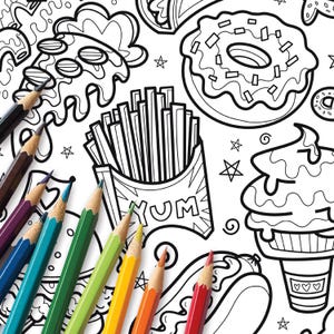 May include: A coloring page with a variety of food items, including a donut, fries, ice cream, and a hot dog. The page is surrounded by colored pencils.