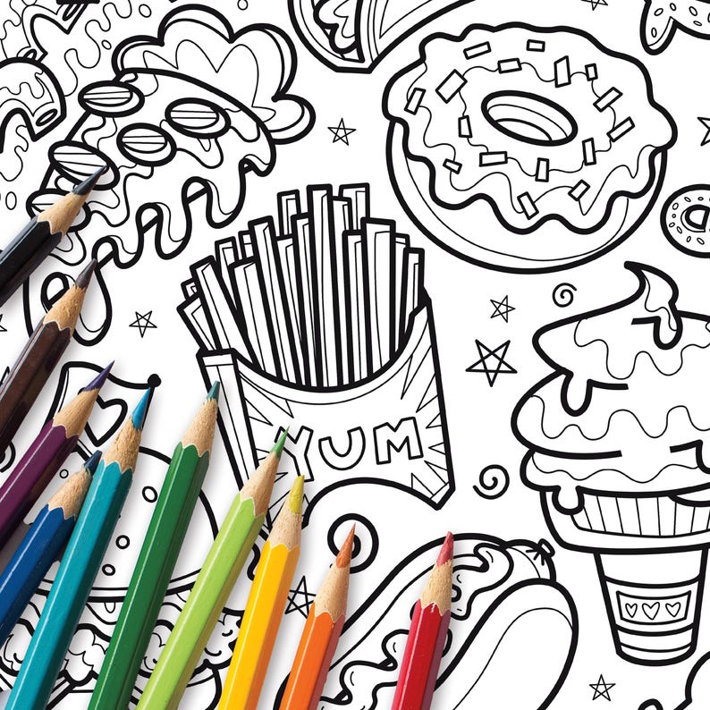 May include: A coloring page with a variety of food items, including a donut, fries, ice cream, and a hot dog. The page is surrounded by colored pencils.