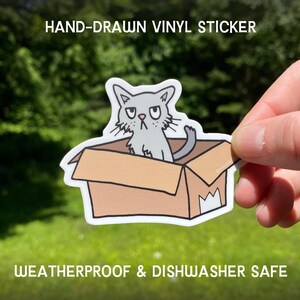 Cat in Box Vinyl Sticker: Grumpy Grey Kitten, Hand-Drawn Design, Dishwasher Safe, Weatherproof, and Waterproof Bild 2