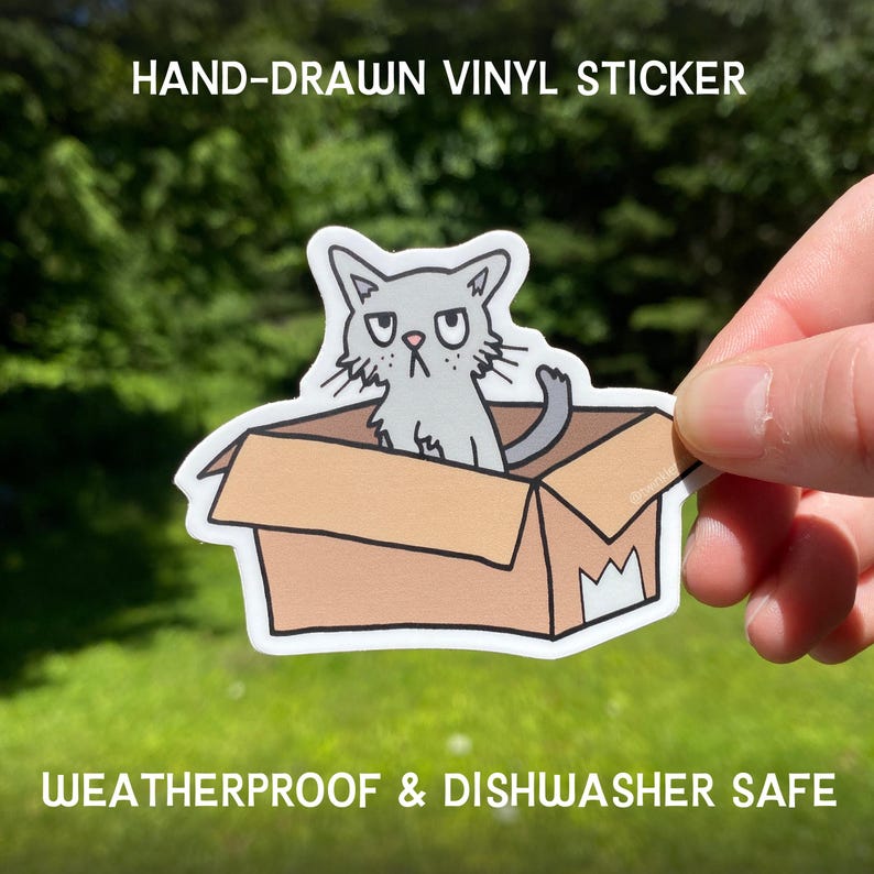 Cat in Box Vinyl Sticker: Grumpy Grey Kitten, Hand-Drawn Design, Dishwasher Safe, Weatherproof, and Waterproof Bild 2