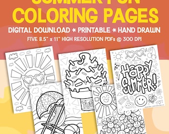Summer Fun Coloring Pages: Beach & BBQ Theme, Activity for Kids, Hand-Drawn Art, Printable PDF