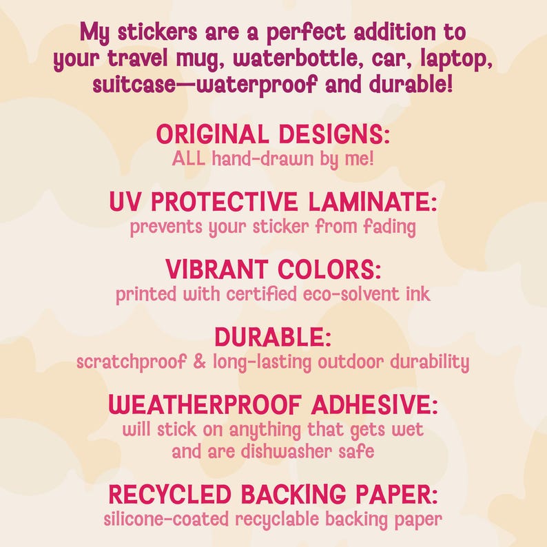 Puede incluir: Texto sobre un fondo melocot&oacute;n claro que anuncia pegatinas. El texto destaca caracter&iacute;sticas como dise&ntilde;os originales, protecci&oacute;n UV, colores vibrantes, durabilidad, adhesivo resistente a la intemperie y papel de respaldo reciclado. Las pegatinas son adecuadas para tazas de viaje, botellas de agua, coches, port&aacute;tiles y maletas.