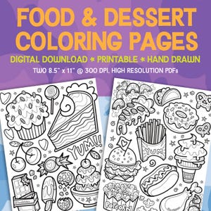 May include: Two black and white coloring pages featuring a variety of food and dessert items. The first page includes a cupcake, cake, cherries, candy, chocolate bar, and ice cream. The second page includes a burger, hot dog, fries, popcorn, donut, pretzel, and ice cream cone. Both pages include the word "YUM!" and stars.