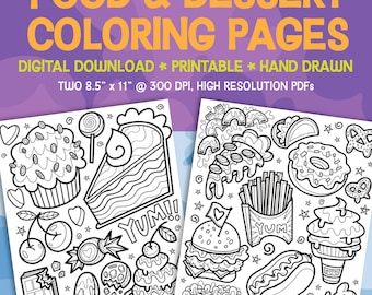 Fun Food Coloring Pages: Advanced for Adults and Kids, Hand-Drawn Dessert Art, Printable PDFs