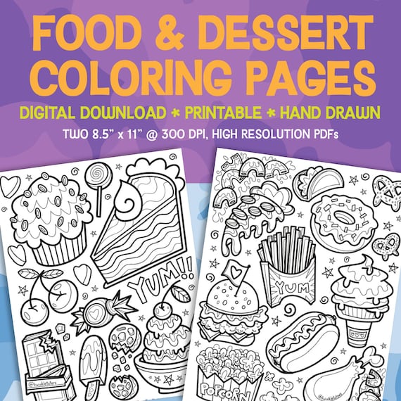 Fun Food Coloring Pages: Advanced for Adults and Kids, Hand-Drawn Dessert Art, Printable PDFs