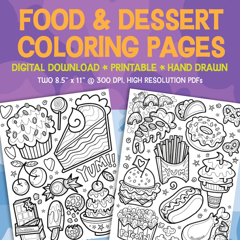 May include: Two black and white coloring pages featuring a variety of food and dessert items. The first page includes a cupcake, cake, cherries, candy, chocolate bar, and ice cream. The second page includes a burger, hot dog, fries, popcorn, donut, pretzel, and ice cream cone. Both pages include the word "YUM!" and stars.