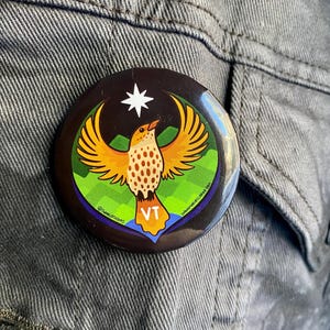 May include: A round black button with a colorful design featuring a bird with outstretched orange wings, a white star, and the letters "VT". The bird is set against a green and blue landscape.