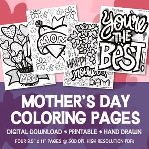 Páginas para colorear del Día de la Madre, descarga instantánea, PDF imprimible, dibujos para colorear para niños, Día de la Madre, arte original, tema "Amo a mi mamá", arte dibujado a mano