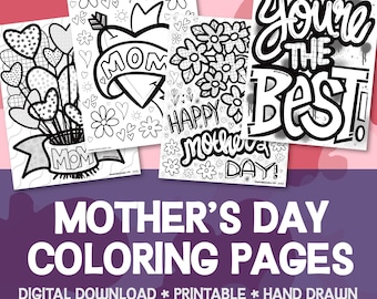 Mother's Day Coloring Pages: Hand-Drawn Flowers & Hearts (Printable PDF)