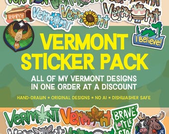 Vermont Sticker Pack: VT State Gifts, Hand-Drawn Designs, Dishwasher Safe, Weatherproof, and Waterproof