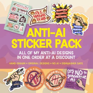 Anti-AI Vinyl Sticker Pack: Resist Generative AI, Support Human Artists, Hand-Drawn Stickers, Dishwasher Safe, Weatherproof, and Waterproof
