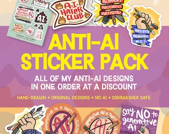 Anti-AI Vinyl Sticker Pack: Resist Generative AI, Support Human Artists, Hand-Drawn Stickers, Dishwasher Safe, Weatherproof, and Waterproof