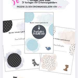 Könnte beinhalten: Eine digitale Sammlung von 38 Portfolio-Titelseiten mit Aquarellakzenten, Punktemustern und Tierillustrationen. Der Text umfasst PORTFOLIO TITELSEITEN, 7 Vorlagen ohne Bilder, 31 Vorlagen mit Erkennungsbildern, Meine Kindergartenzeit und Digitaler DOWNLOAD.