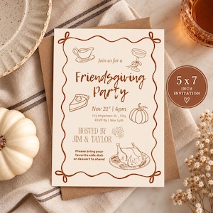 Mall för Friendsgiving-inbjudan, redigerbar Canvas-inbjudan, Thanksgiving-middagsinbjudan, utskrivbar digital nedladdning på 5x7
