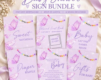 Letreros para baby shower con mariposas rosas y lavanda: Plantillas editables de Canva de 8x10