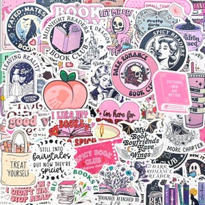 May include: A collection of assorted vinyl stickers featuring book-themed illustrations, including a pink book labeled Fictional Men Are Better, a peach, a skull, a tote bag with the text Treat Yourself, and various phrases about reading.