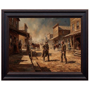 May include: A framed oil painting depicting a dusty Western town street with wooden buildings, horses, and several figures. Two central figures stand facing each other in the middle of the dirt road, surrounded by onlookers on porches.