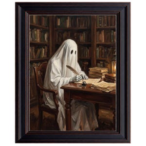 May include: A framed painting depicts a figure draped in a white sheet with two black eye holes, sitting at a dark wooden desk in a library. The figure holds a quill pen, writing on paper near an inkwell, surrounded by stacks of books.