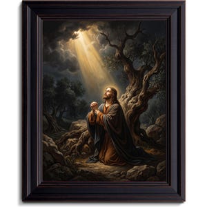 Framed Jesus Praying in Gethsemane Art, Christian Prayer Room Decor, Classical Religious Painting