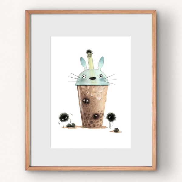 5x7 Boba Sprites Print • Soot Sprite Art Print • Dust Sprites Boba Tea • Studio Ghibli Wall Art