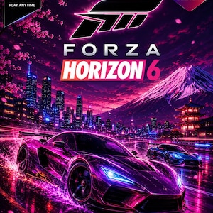 May include: A digital game cover for Forza Horizon 6 featuring a purple sports car driving on a wet road at night. The background displays a neon-lit city skyline, cherry blossom trees, and a mountain under a dark sky with the game title in white and red.