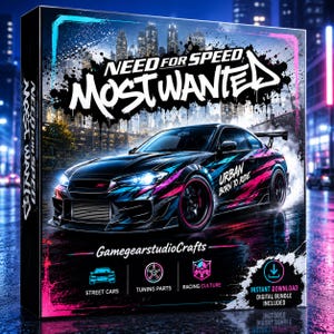 May include: A rectangular product box for Need for Speed Most Wanted featuring a black sports car with blue and pink graphic accents. The box displays the text Urban Born to Ride, GamegearstudioCrafts, and icons for street cars, tuning parts, and racing culture.