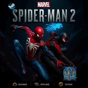 May include: A digital promotional graphic for Marvel Spider-Man 2 featuring two figures in red and blue or black and red suits in dynamic poses. The title text reads Marvel Spider-Man 2. Includes Steam, Shared, and Offline status icons.
