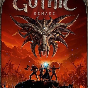 Puede incluir: Un póster de Gothic Remake con una gran cabeza de dragón metálica con cuernos sobre cuatro figuras en una colina rocosa oscura. El fondo es un paisaje rojo ardiente con un campo de batalla. El texto dice Gothic Remake y GamegearstudioCrafts.