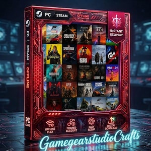 May include: A red, rectangular digital game case featuring a grid of various video game covers. The frame displays text including PC, STEAM, OFFLINE ACTIVATION, INSTANT DELIVERY, and GamegearstudioCrafts. Icons for offline play and setup are visible.