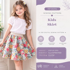 May include: A digital sewing pattern for a kids skirt, featuring text that reads PDF DIGITAL SEWING PATTERN Kids Skirt, layered sizes, A4/US letter and A0 files, AO copy shop file, step by step illustrated guide, projector friendly, and instant download.