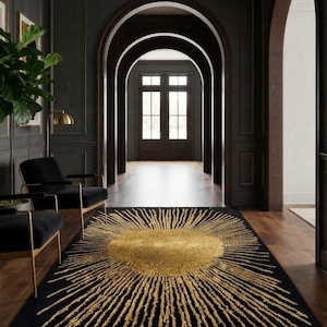 Modern Black Gold Sunburst Tufted Wool Rug, Handcrafted Statement Carpet