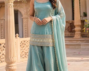 Indiase designer blauwe salwar kameez set, festival- en bruiloftsoutfit, zeegroene zijden kurta palazzo dupatta 3-delige set, blauwe sharara pak 3-delige set